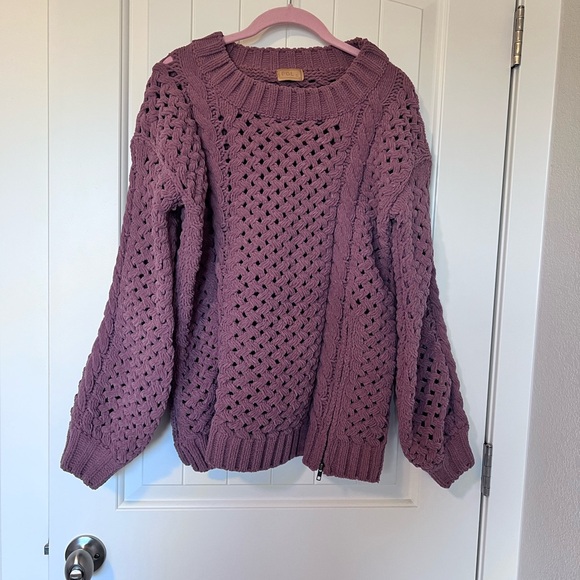 POL Chunky Open Weave Sweater Mauve tone Zipper Fun Detail Sz Small Leather Tag - Picture 7 of 7